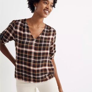 Madewell Plaid Cinch-Sleeve Top
